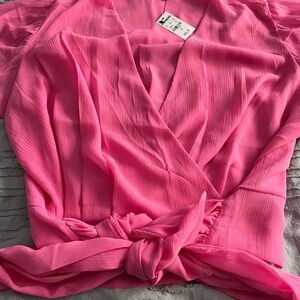 Woman’s long sleeve v neck waist tie shirt material is polyester